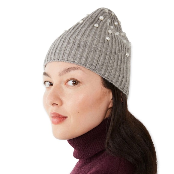 KATE SPADE Beanie Pearl Embellished Knit Cap French Cream Ivory NWT - Picture 5 of 9